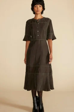 Dresses^Amour Vert Adaline Embroidered Cupro Dress OliveGreen