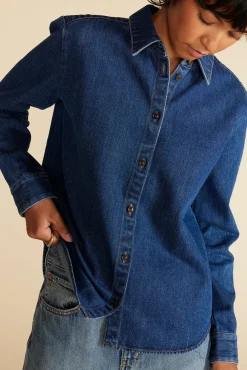 Blouses & Shirts|Tops^Amour Vert Bixby Denim Collared Long Sleeve Top IndigoBlue