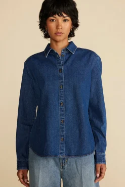 Blouses & Shirts|Tops^Amour Vert Bixby Denim Collared Long Sleeve Top IndigoBlue