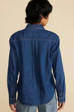 Blouses & Shirts|Tops^Amour Vert Bixby Denim Collared Long Sleeve Top IndigoBlue