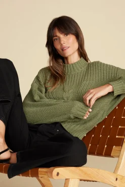 Sweaters & Cardigans^Amour Vert Cameryn Cable Knit Wool Sweater OliveGreen