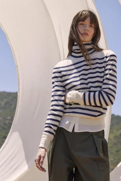 Sweaters & Cardigans|Clearance^Amour Vert Carrie Turtleneck Cashmere Sweater IvoryandNavyBlueStripe