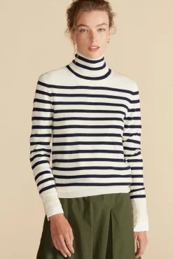 Sweaters & Cardigans|Clearance^Amour Vert Carrie Turtleneck Cashmere Sweater IvoryandNavyBlueStripe
