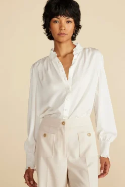 Blouses & Shirts|Tops^Amour Vert Charlotte Ruffled Recycled Sateen Blouse Ivory