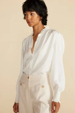 Blouses & Shirts|Tops^Amour Vert Charlotte Ruffled Recycled Sateen Blouse Ivory