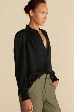 Blouses & Shirts|Tops^Amour Vert Charlotte Ruffled Recycled Sateen Blouse Black