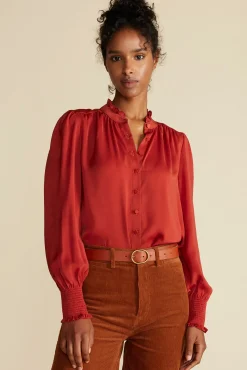 Blouses & Shirts|Tops^Amour Vert Charlotte Ruffled Recycled Sateen Blouse Rust