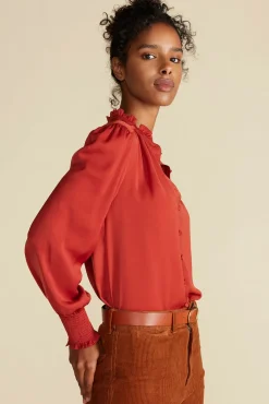 Blouses & Shirts|Tops^Amour Vert Charlotte Ruffled Recycled Sateen Blouse Rust