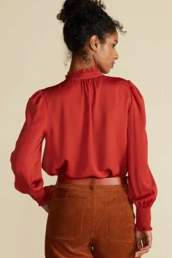 Blouses & Shirts|Tops^Amour Vert Charlotte Ruffled Recycled Sateen Blouse Rust