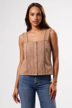 Tops|Clearance^Amour Vert Crochet Trim Cotton Linen Tank Sand