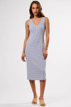 Dresses|Clearance^Amour Vert Deacon Organic Cotton Modal Rib Dress CannesStripeNaturalAegeanBlue