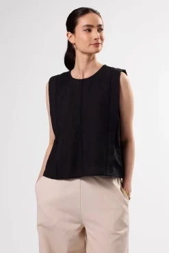 Tops|Clearance^Amour Vert Detailed Cotton Linen Tank Top Black