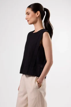 Tops|Clearance^Amour Vert Detailed Cotton Linen Tank Top Black