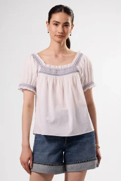 Tops|Clearance^Amour Vert Embroidered Smocked Top WhiteCobaltEmbroidery