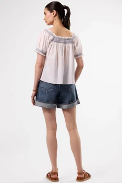 Tops|Clearance^Amour Vert Embroidered Smocked Top WhiteCobaltEmbroidery