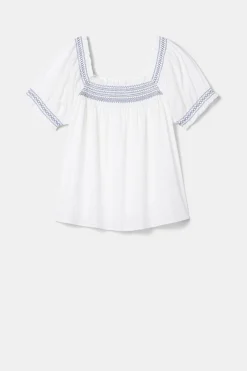 Tops|Clearance^Amour Vert Embroidered Smocked Top WhiteCobaltEmbroidery
