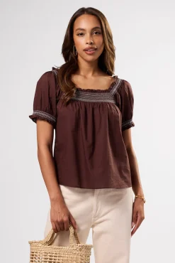 Tops|Clearance^Amour Vert Embroidered Smocked Top EspressoWhiteEmbroidery