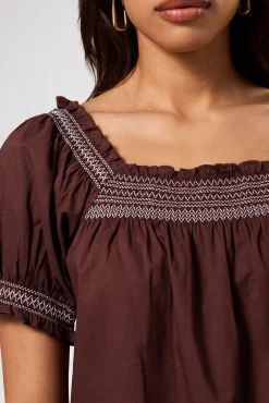 Tops|Clearance^Amour Vert Embroidered Smocked Top EspressoWhiteEmbroidery