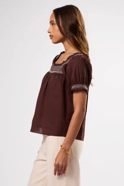Tops|Clearance^Amour Vert Embroidered Smocked Top EspressoWhiteEmbroidery