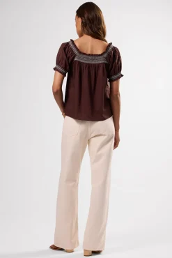 Tops|Clearance^Amour Vert Embroidered Smocked Top EspressoWhiteEmbroidery