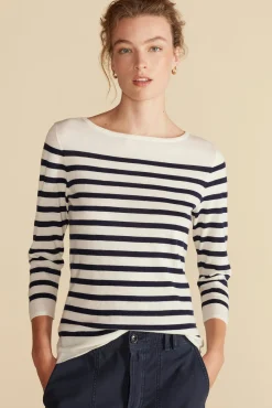 Sweaters & Cardigans^Amour Vert Fran Boatneck Striped Cashmere Sweater IvoryandNavyBlueStripe