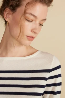 Sweaters & Cardigans^Amour Vert Fran Boatneck Striped Cashmere Sweater IvoryandNavyBlueStripe