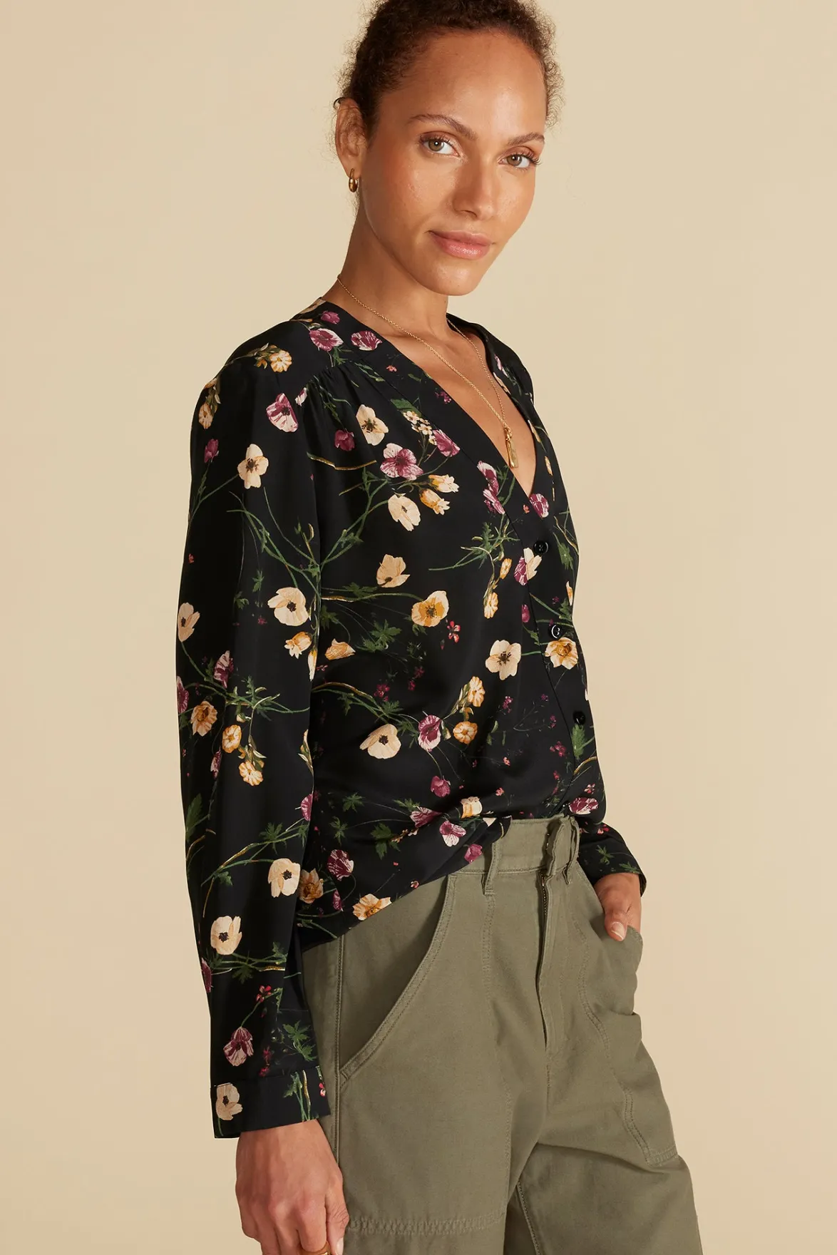 Blouses & Shirts|Tops^Amour Vert Kaya Washable Silk Blouse BlackMargeuritteWildflowerPrint