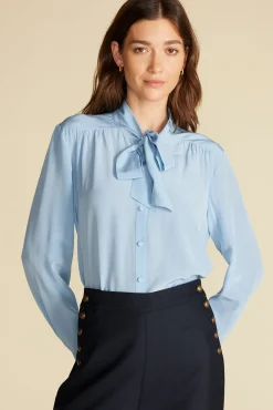 Blouses & Shirts|Tops^Amour Vert Milla Washable Silk Bow Blouse SkyBlue