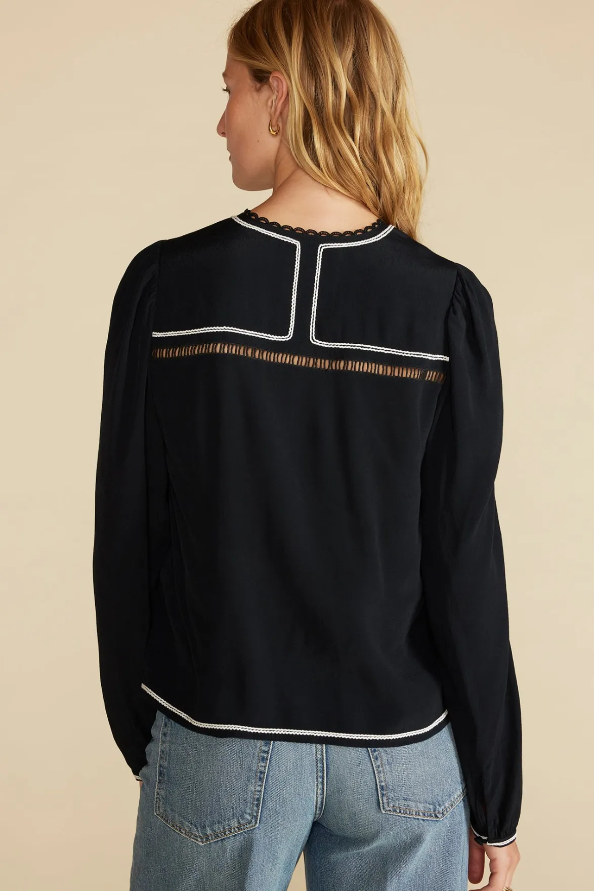 Blouses & Shirts|Tops^Amour Vert Minna Viscose Crepe Blouse BlackwithWhiteTrim