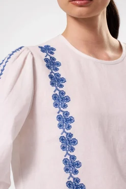Tops|Clearance^Amour Vert Placed Embroidery Blouse WhiteCobaltEmbroidery