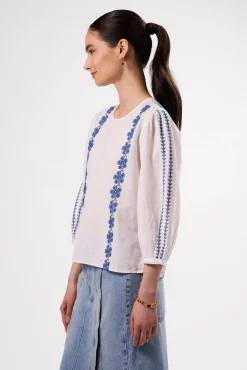 Tops|Clearance^Amour Vert Placed Embroidery Blouse WhiteCobaltEmbroidery