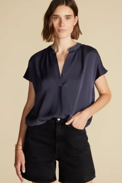 Blouses & Shirts|Tops^Amour Vert Renata Stretch Silk Blouse NightSkyBlue