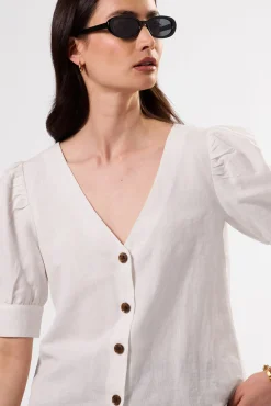 Tops|Clearance^Amour Vert V Neck Cuff Sleeved Blouse White