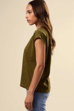 Tops|Tees^Amour Vert V Neck Solid Tee OliveGreen